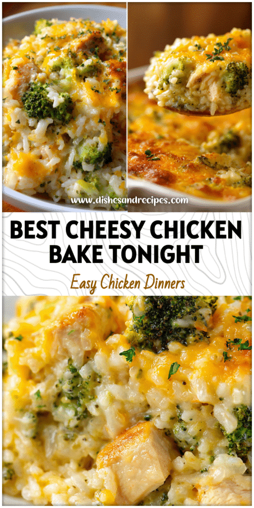 Golden baked casserole with melted cheese, chicken, broccoli, and rice for an Easy Dinner Weeknight Meal